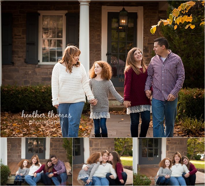 The B Family | Newtown, PA Family Photography family of four walking in front of a house smiling in bucks county pa