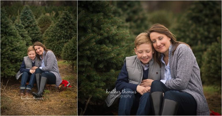mother and 10 year old son at the christmas tree farm in yardley