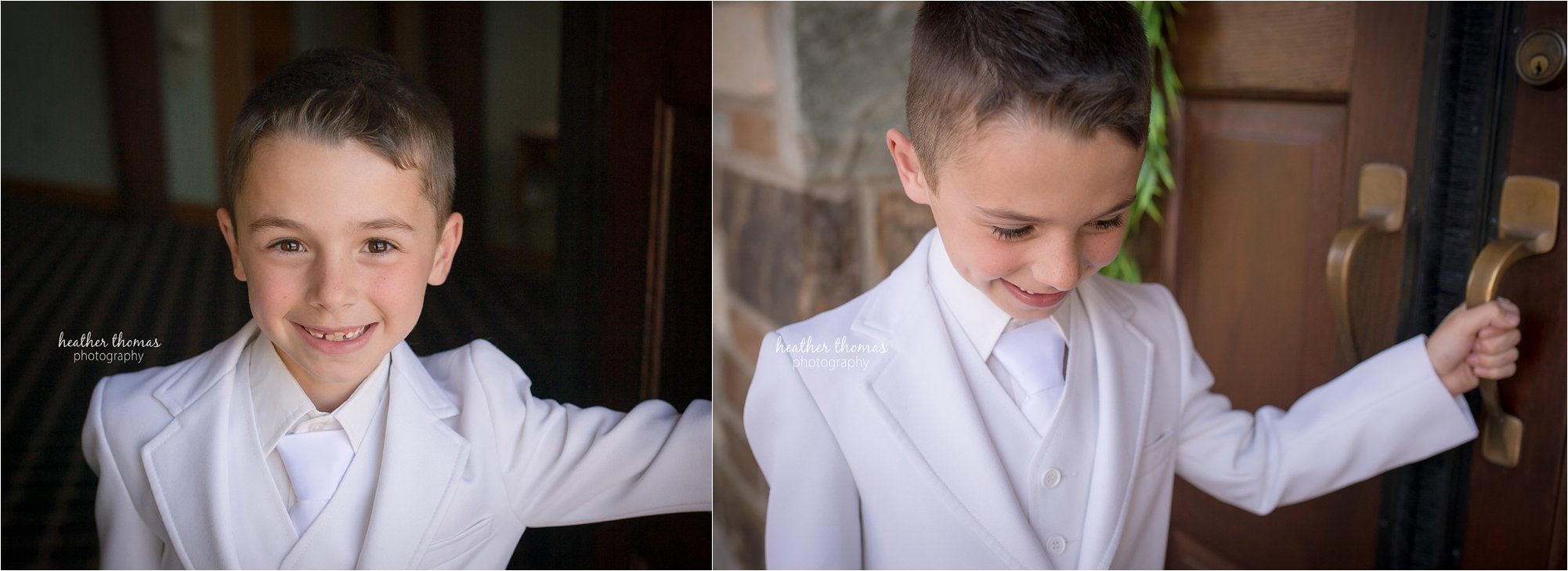 Newtown pa communion photography-14.jpg an 8 year old boy dressed in white outside st andrews church in newtown pa