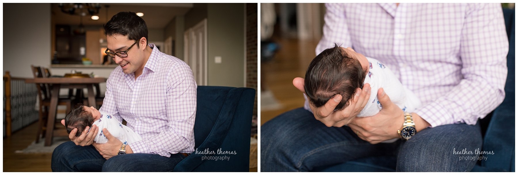 philadelphia lifestyle portraits-58.jpg a father holding his newborn baby in a university of Pennsylvania blanket at his home in philadelphia