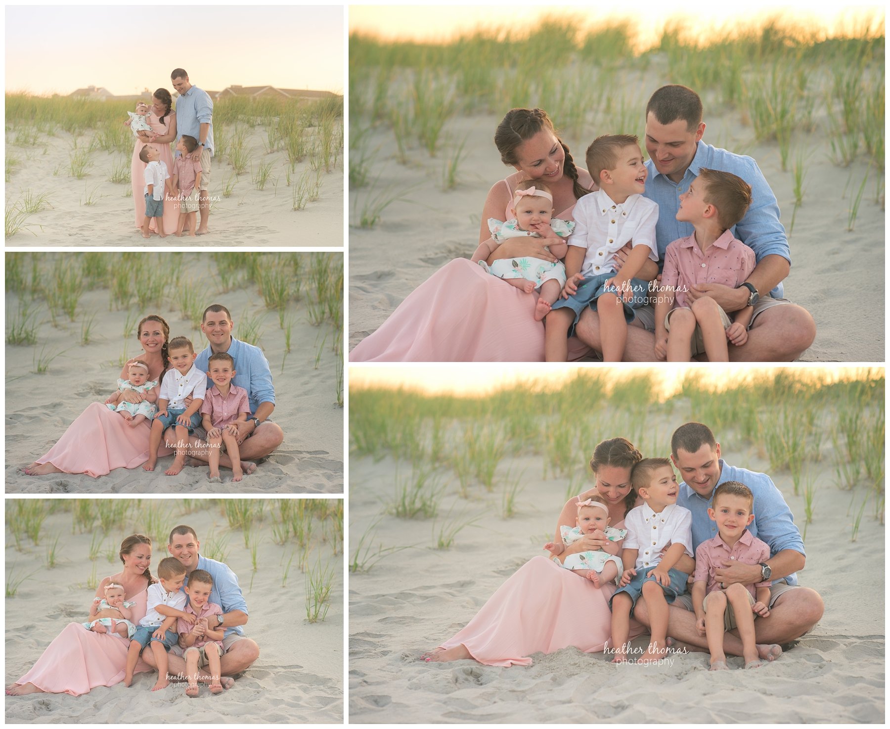 family beach photography ocnj-4.jpg a family of 5 smiling wearing pink white and blue on the dunes in ocean city NJ