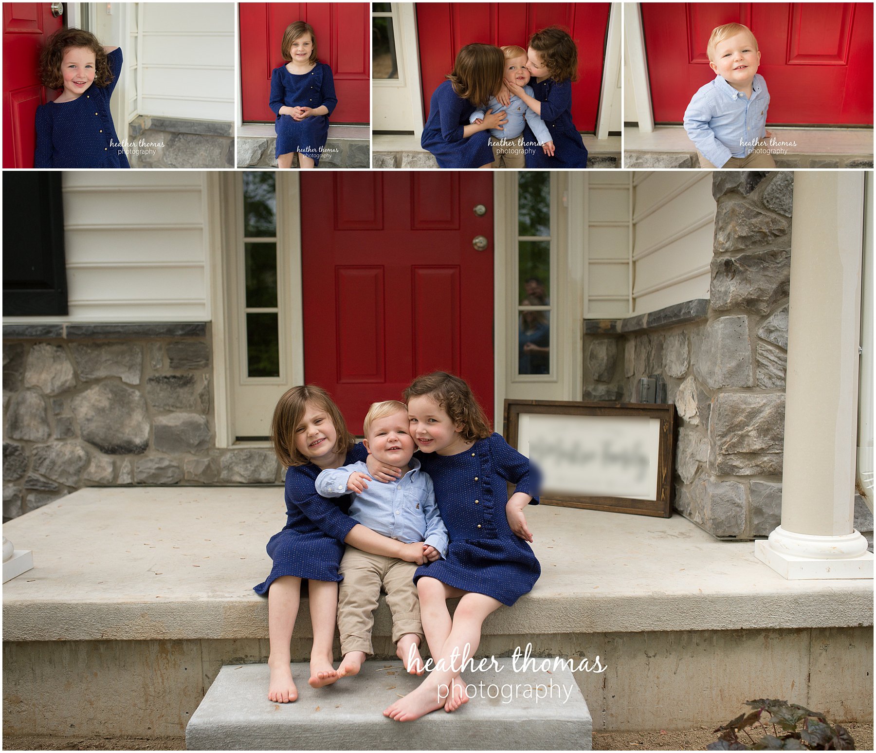montgomery county family photographer-52.jpg pictures of three siblings outside their home with a red door in lansdale pa