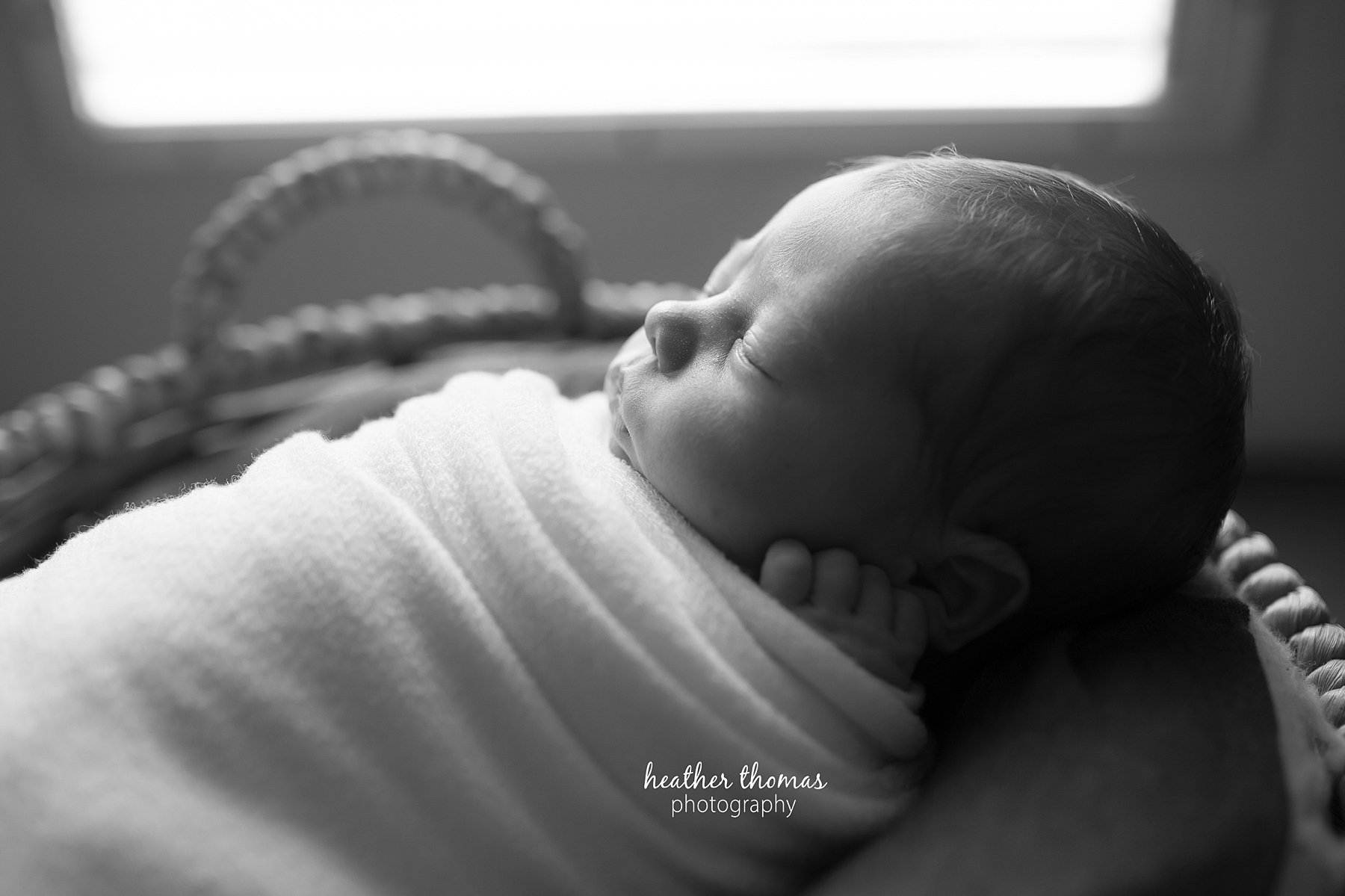 a newborn in home photo shoot in bucks county a black and white portrait of a baby boy