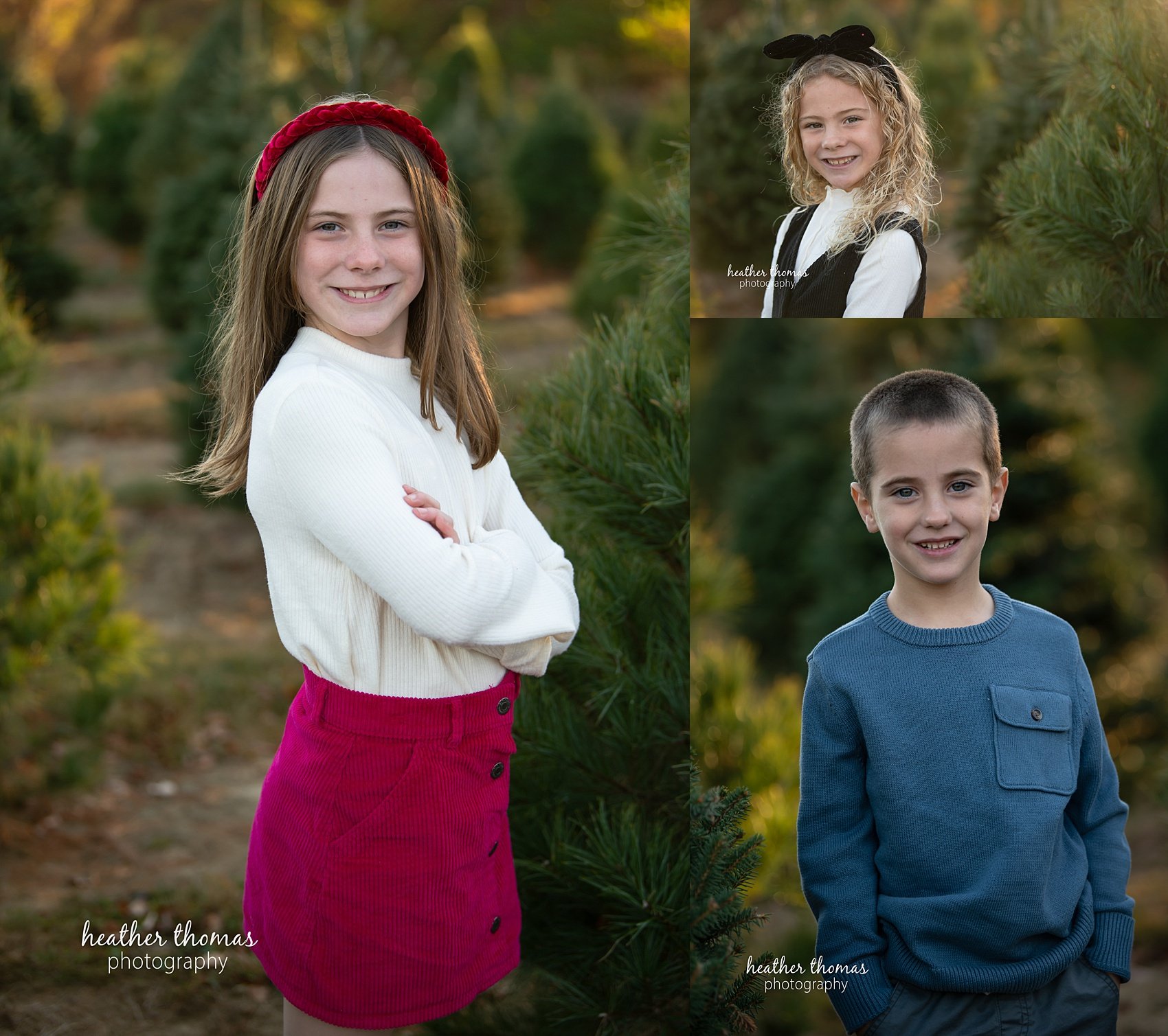 christmas-tree-farm-photo-shoot-heather-thomas-photograhy-71.jpg 3 children smiling at the camera for photos at the Bucks County Christmas Tree Farm