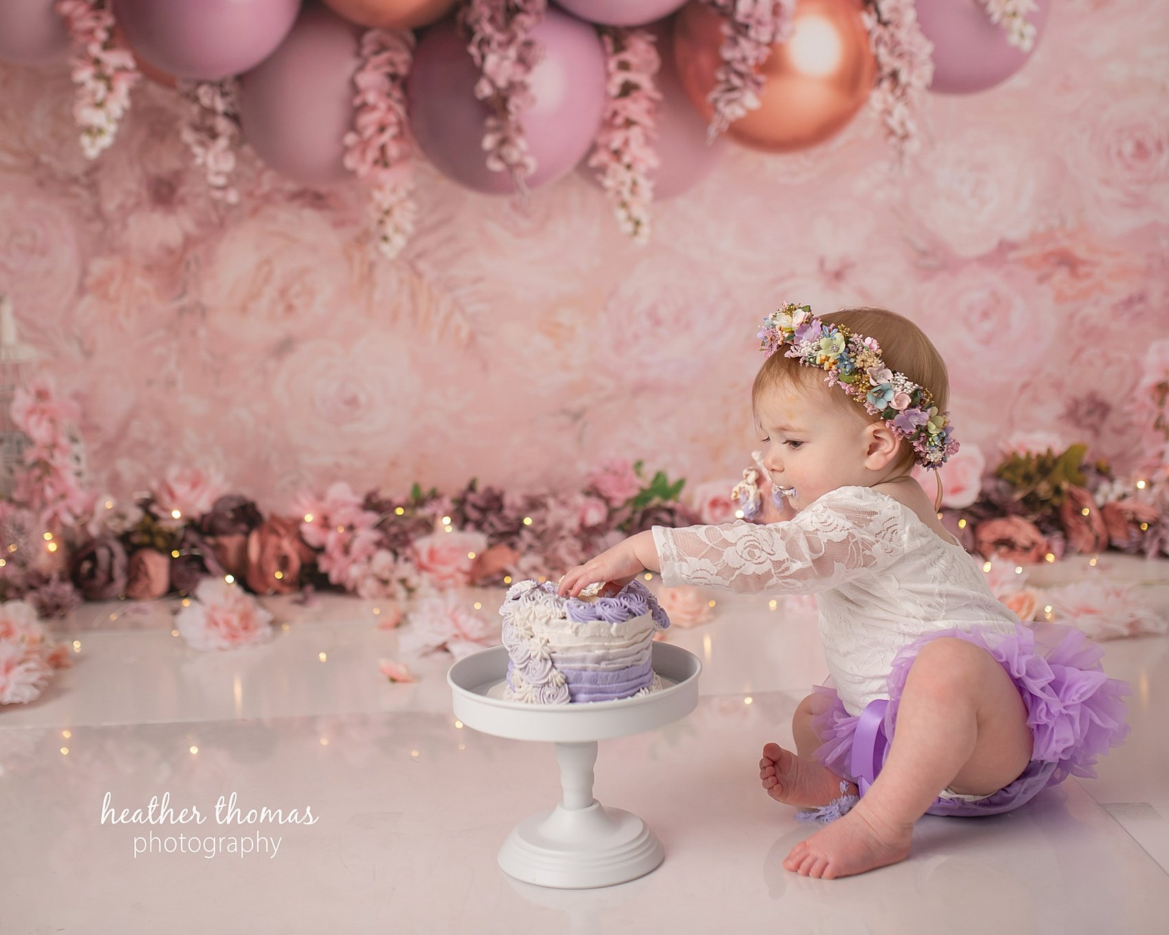 Philadelphia Smash Cake Photography Studio pink-purple-first-birthday-cake-smash-with-heather-thomas-photography