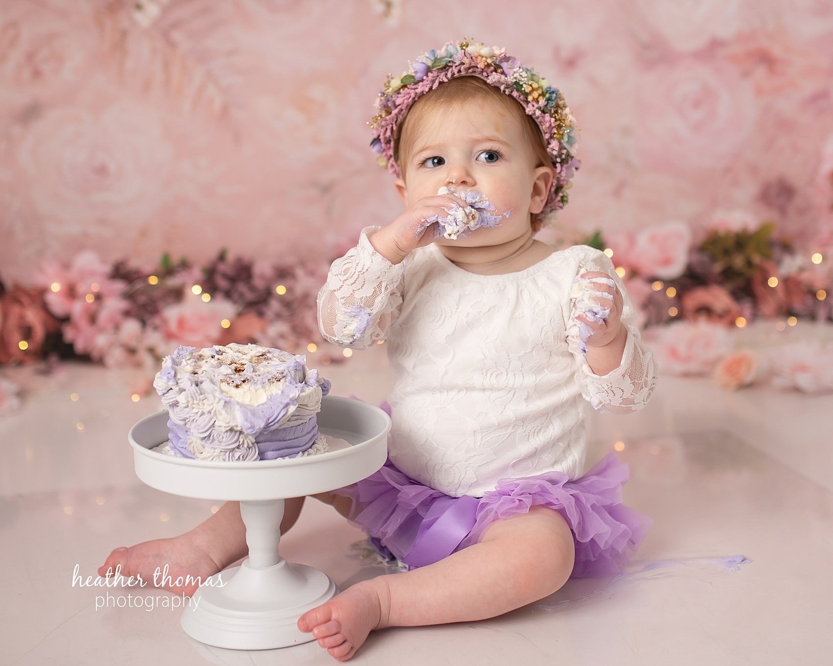 Philadelphia Smash Cake Photography Studio pink-purple-first-birthday-cake-smash-with-heather-thomas-photography