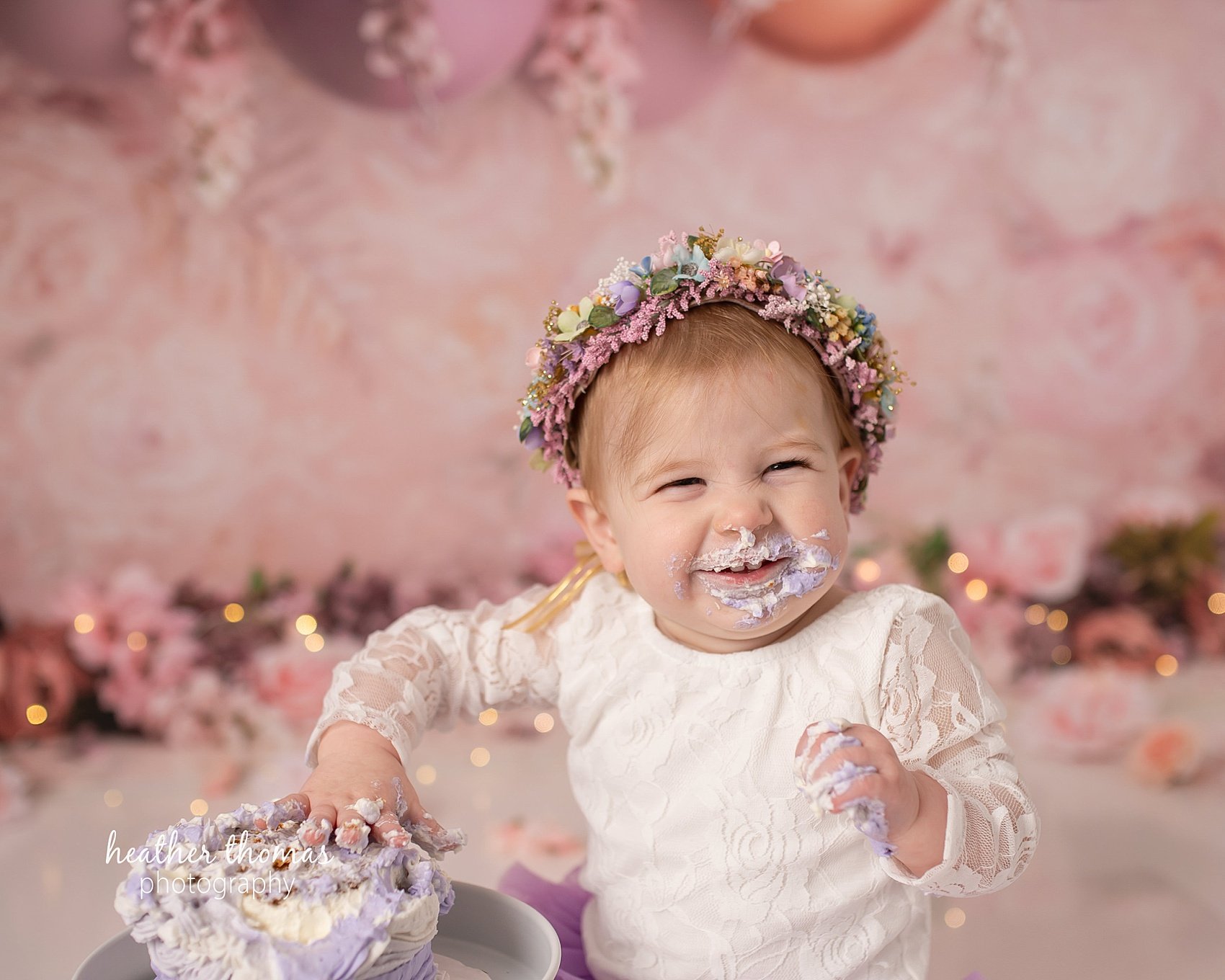 Philadelphia Smash Cake Photography Studio pink-purple-first-birthday-cake-smash-with-heather-thomas-photography