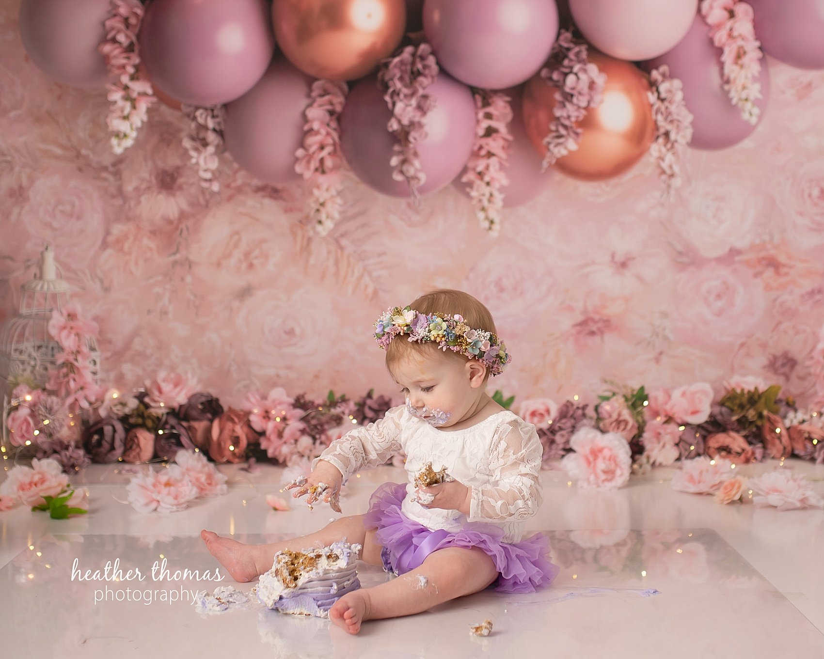 Philadelphia Smash Cake Photography Studio pink-purple-first-birthday-cake-smash-with-heather-thomas-photography