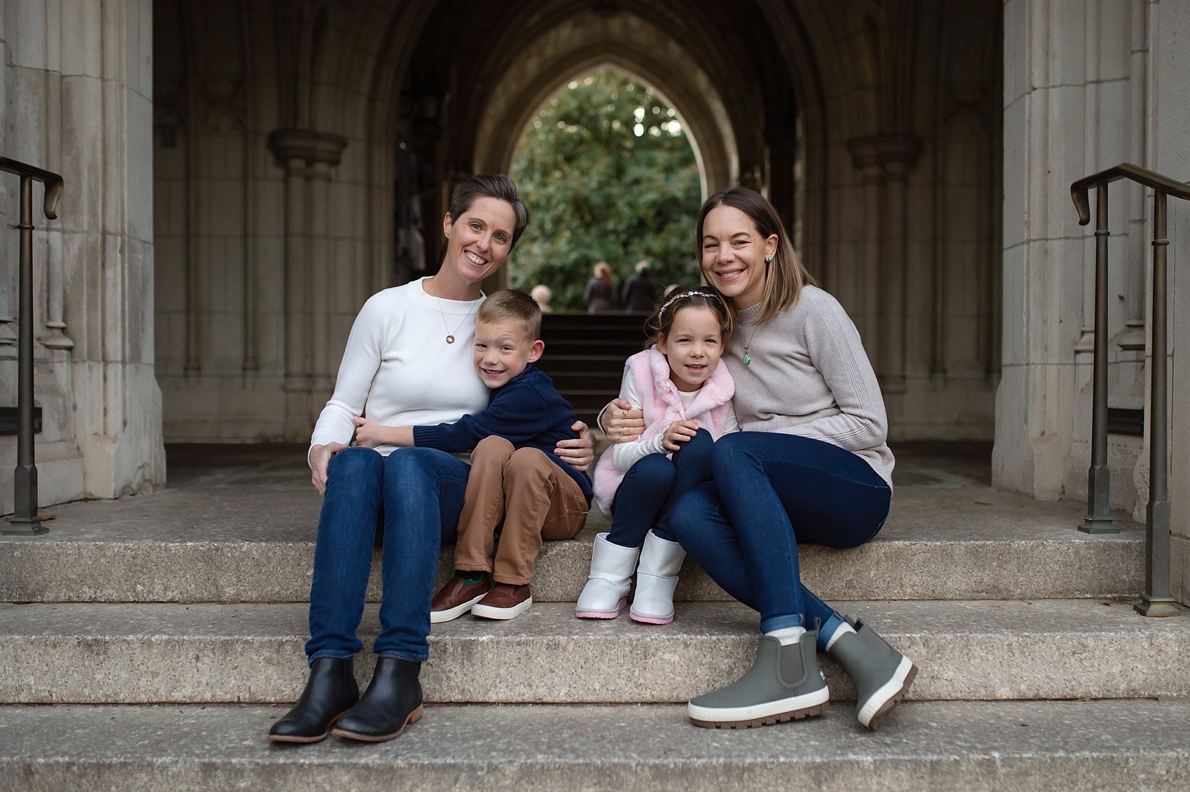 Princeton - Family - Photographer - Heather - Thomas-25.jpg moms sit with their two kids on steps by Heather Thomas Photography learning Things to do in Bucks County PA